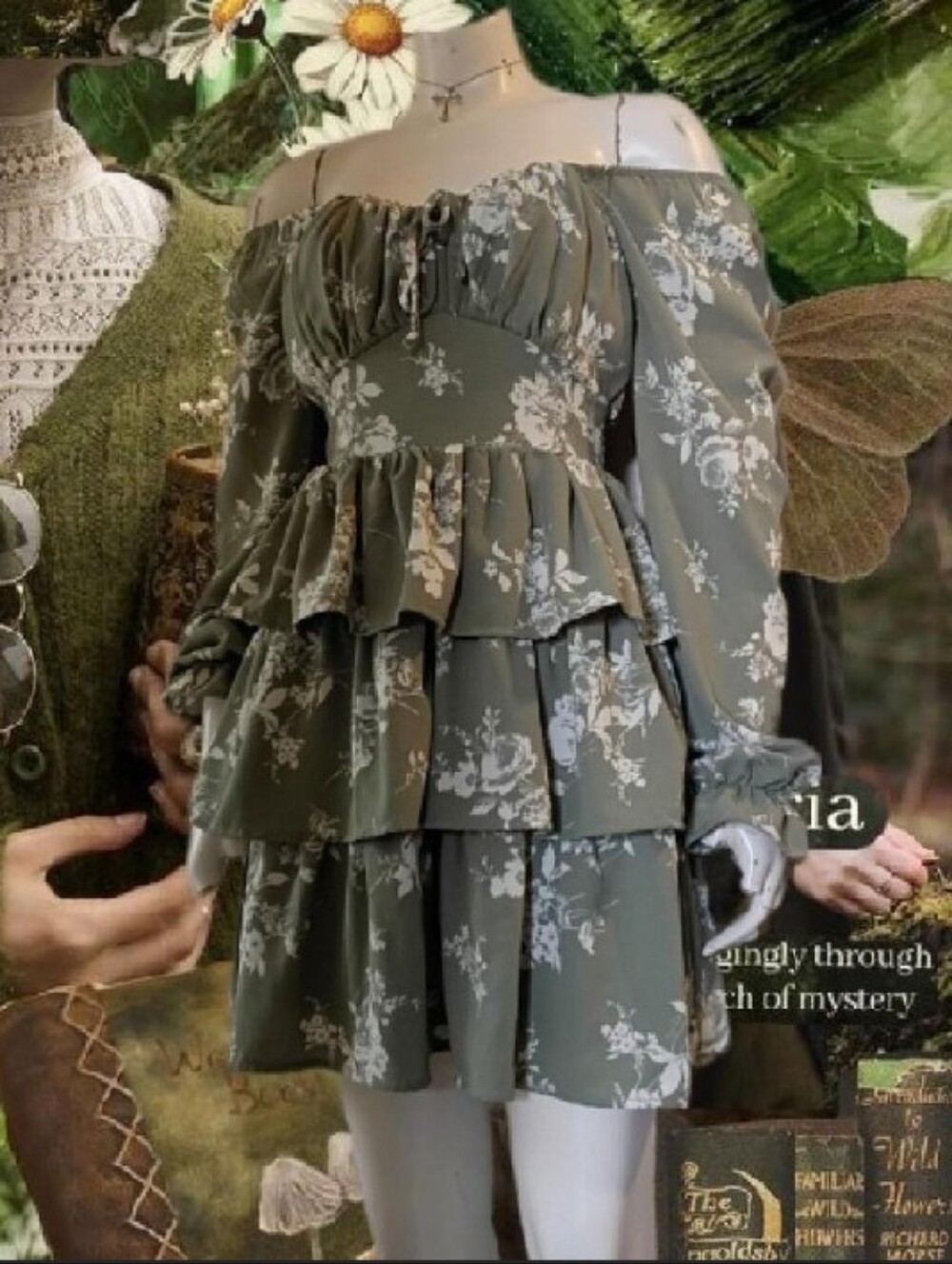 Inspired Hearts Sage Green & White Floral Rose Pattern Tiered Ruffled Mini Dress